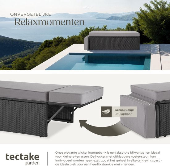 tectake - Geflecht-Lounge-Sofa Garten-Sessel-Liege - Sofa-Set - 2-Sitzer Sessel mit Hocker und Schlaffunktion, kleines Geflecht-Sofa als Outdoor-Gartenmöbel, für Lounge, Balkon und Garten, klappbar mit Kissen- schwarz / grau