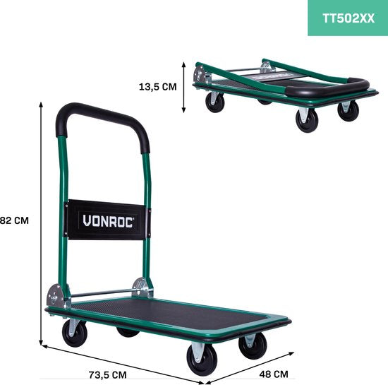 VONROC Plattformwagen - Zusammenklappbar - Max 150kg - 73x47x82 cm - Grün