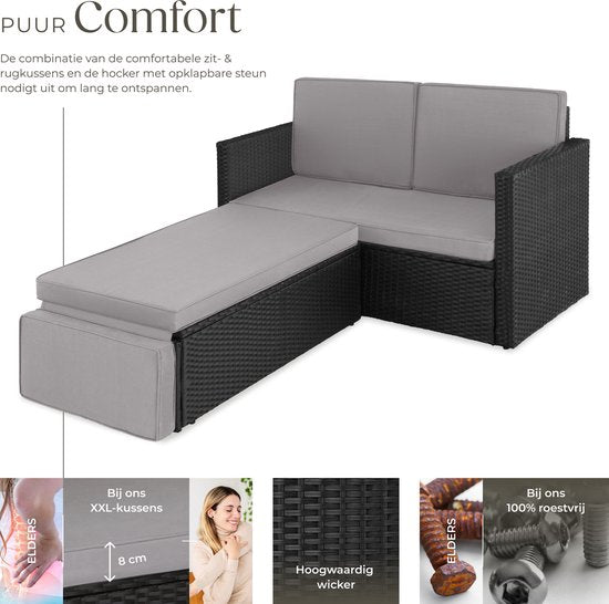 tectake - Geflecht-Lounge-Sofa Garten-Sessel-Liege - Sofa-Set - 2-Sitzer Sessel mit Hocker und Schlaffunktion, kleines Geflecht-Sofa als Outdoor-Gartenmöbel, für Lounge, Balkon und Garten, klappbar mit Kissen- schwarz / grau