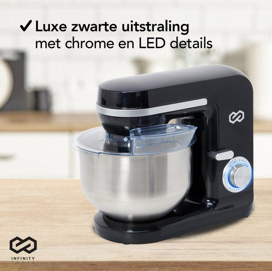 Infinity Goods Küchenmaschine - Küchenmixer - 5L Edelstahl-Rührschüssel - Küchenroboter - Küchenmaschine - Inkl. Zubehör - 1000W - Schwarz