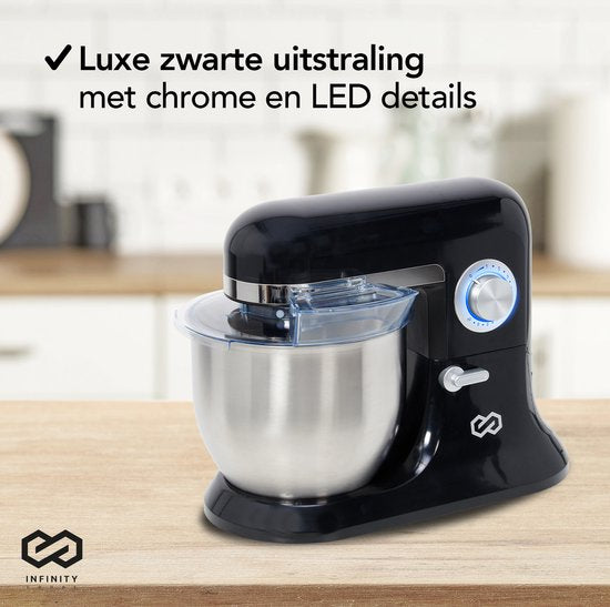 Infinity Goods Küchenmaschine - Küchenmixer - 6.5L Edelstahl-Mixbehälter - Küchenroboter - Küchenmaschine - Mit Zubehör - 1600W - Schwarz