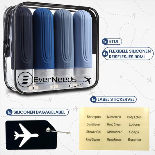 EverNeeds Reiseflaschen mit Etui - Nachfüllbar - Silikon-Reiseflaschen Handgepäck - 4 Stück - Blau