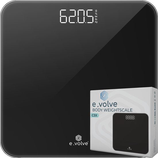 E-volve - Personenwaage Digital - Inklusive Batterien - Gehärtetes Glas - LCD Display - Bis zu 180 kg - Genaue Messung - Schwarz