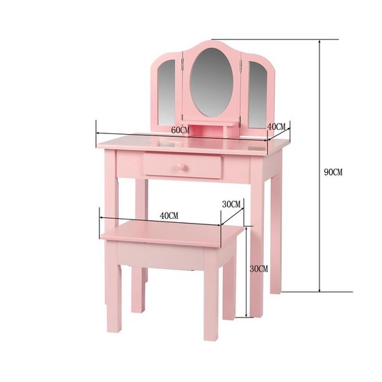 Schminktisch Make-up Mädchen Schminktisch Kinderzimmer mit Spiegeln und Hocker rosa