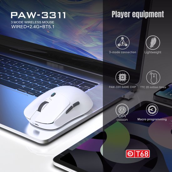 Fuegobird T68 - 2.4G Wireless Gaming Mouse - 12000DPI - PAW3311 - FPS/MOBA/MMO - Ultraleicht - Weiß