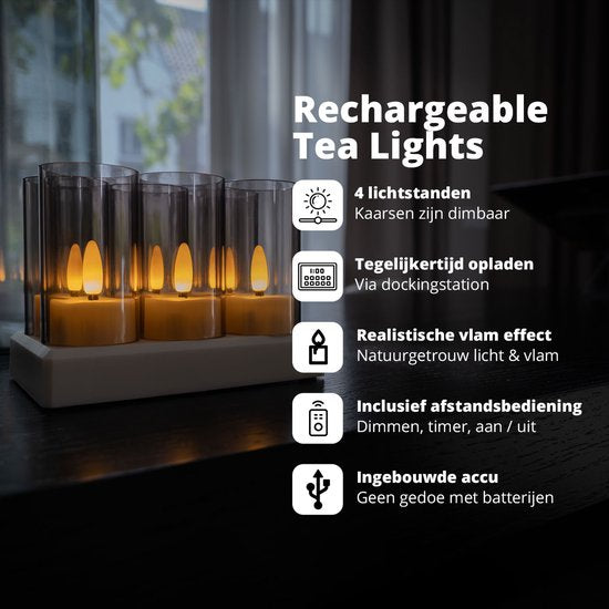 FlinQ Wiederaufladbare LED Teelichter - Bewegliche Flamme - Inkl. Fernbedienung - 6er Set - Ø4 x 5,5 cm - Weiß