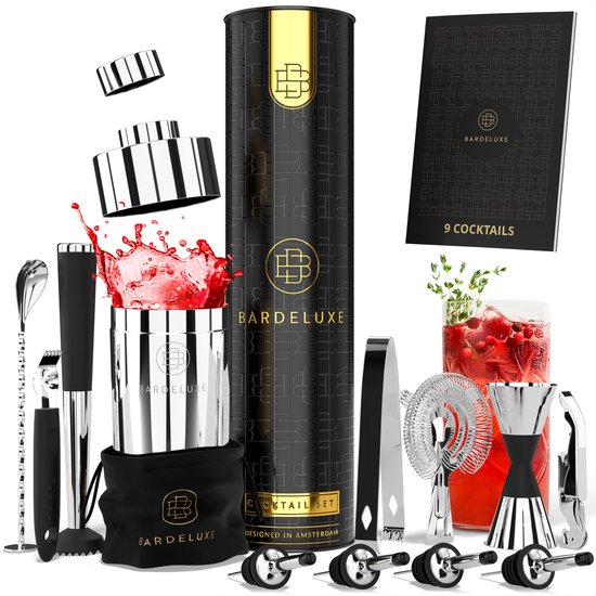BarDeluxe® Cocktail Set - 12-teilig - Cocktail Shaker Set (750ml) - Luxuriöses Geschenkpaket - inklusive holländischem Rezeptbuch