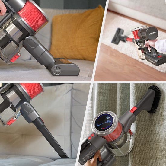 Auronic Cordless Stick Staubsauger - 350W Leistungsstarker Motor - Extra Akku - Bis zu 45 min Betriebsdauer - Leicht & wendig - Rot/Grau