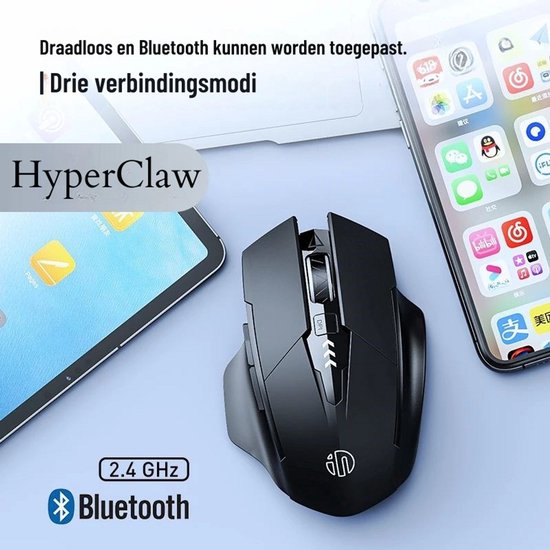 HyperClaw Elementkey Gaming Maus - 2 in 1 Bluetooth 5.0/4.0 + 2.4Ghz - 6-Tasten Design - 1000/1200/1600DPI - Batterieanzeige - Schwarz