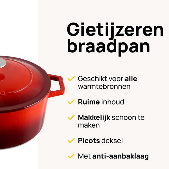MOA Gusseisen-Kasserolle - 5,7L Eintopf - Für alle Wärmequellen inkl. Induktion - Mit Deckel - Ø 26cm - Antihaftbeschichtung - PFAS-frei - Rot