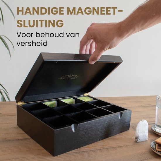 Nimma Teedose – 12 Fächer – Teedose Schwarz – Magnetverschluss – Teedose – Teedose für losen Tee – Schwarz