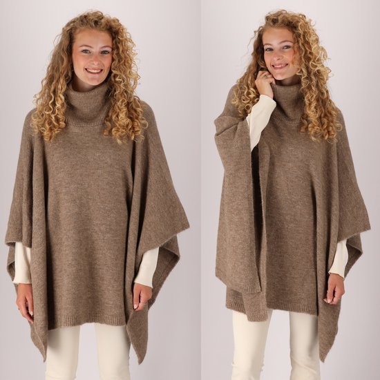 Heat Essentials - Poncho - One Size - Poncho Damen Wrap - Gestrickter Damen Poncho mit Farbe - Taupe Melange