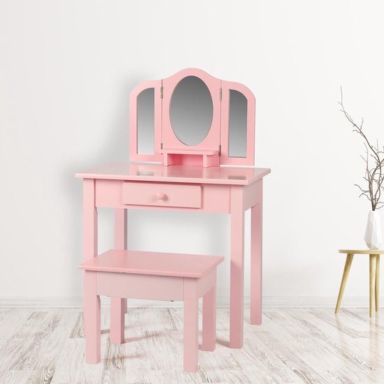 Schminktisch Make-up Mädchen Schminktisch Kinderzimmer mit Spiegeln und Hocker rosa