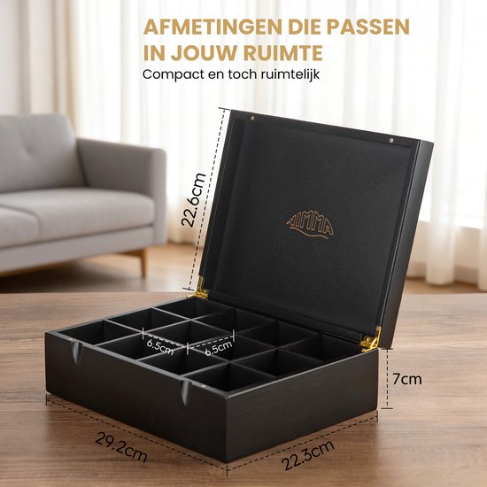 Nimma Teedose – 12 Fächer – Teedose Schwarz – Magnetverschluss – Teedose – Teedose für losen Tee – Schwarz