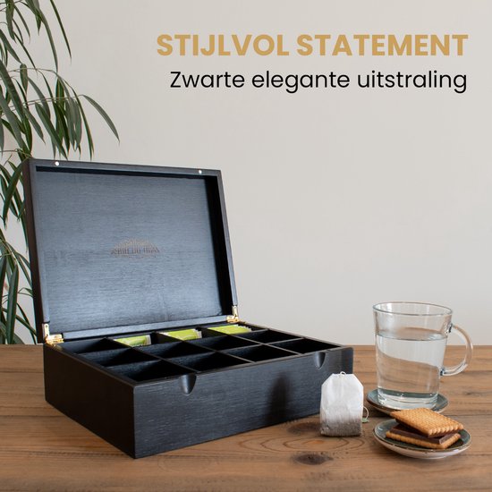 Nimma Teedose – 12 Fächer – Teedose Schwarz – Magnetverschluss – Teedose – Teedose für losen Tee – Schwarz