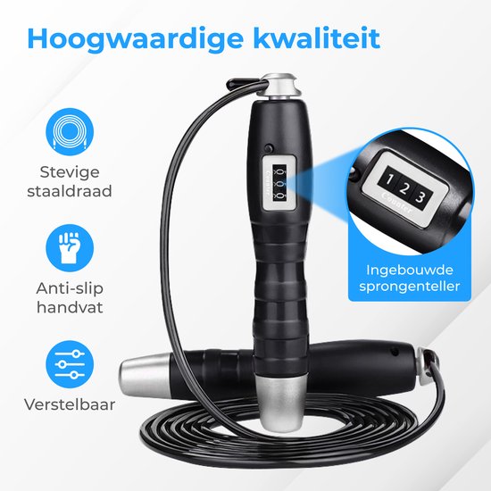 Nuvance - Springseil mit Zähler - 15W - Inklusive Kabel - Schwarz - Aluminium - 200 cm