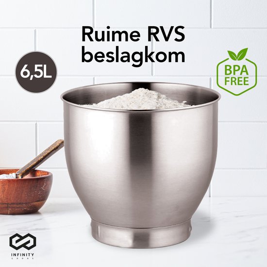 Infinity Goods Küchenmaschine - Küchenmixer - 6.5L Edelstahl-Mixbehälter - Küchenroboter - Küchenmaschine - Mit Zubehör - 1600W - Schwarz