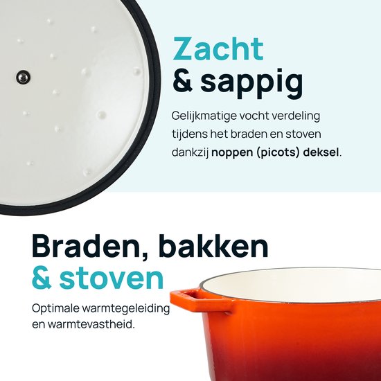 MOA Gusseisen-Kasserolle - 5,7L Eintopf - Für alle Wärmequellen inkl. Induktion - Mit Deckel - Ø 26cm - Antihaftbeschichtung - PFAS-frei - Rot