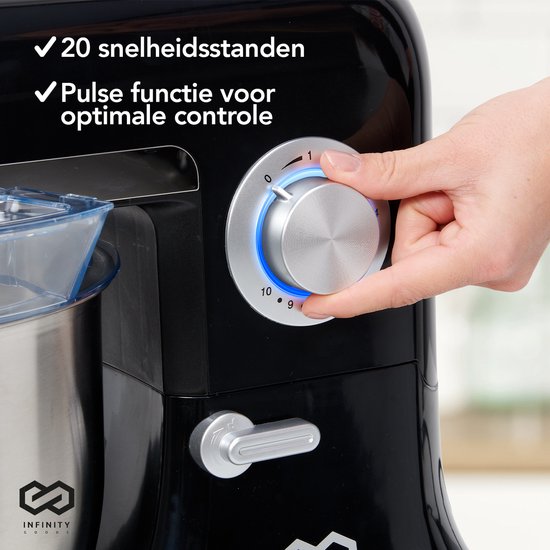 Infinity Goods Küchenmaschine - Küchenmixer - 6.5L Edelstahl-Mixbehälter - Küchenroboter - Küchenmaschine - Mit Zubehör - 1600W - Schwarz