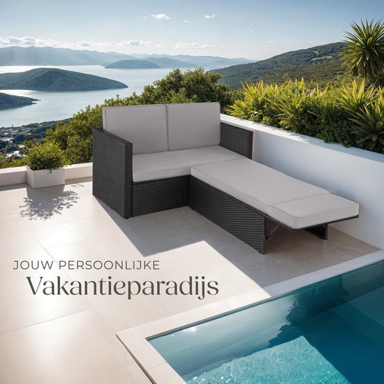 tectake - Geflecht-Lounge-Sofa Garten-Sessel-Liege - Sofa-Set - 2-Sitzer Sessel mit Hocker und Schlaffunktion, kleines Geflecht-Sofa als Outdoor-Gartenmöbel, für Lounge, Balkon und Garten, klappbar mit Kissen- schwarz / grau