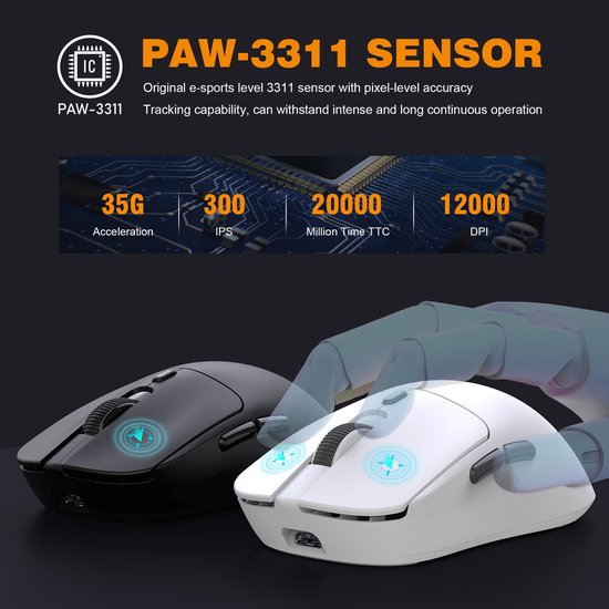 Fuegobird T68 - 2.4G Wireless Gaming Mouse - 12000DPI - PAW3311 - FPS/MOBA/MMO - Ultraleicht - Weiß