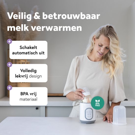 Qwali - Flaschenwärmer & Sterilisator - 37°C - Weißer Kunststoff - Schnelles Aufwärmen & Warmhalten - Tragbar für unterwegs - Inklusive Messbecher