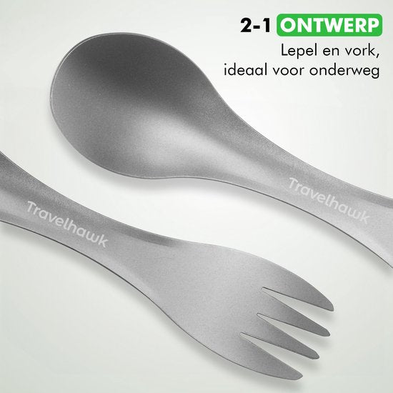 Travelhawk Titanium Spork Set - 2 Stück - Leichtes Campingbesteck mit Gabel und Löffel in einem - Inklusive Tragetasche**
