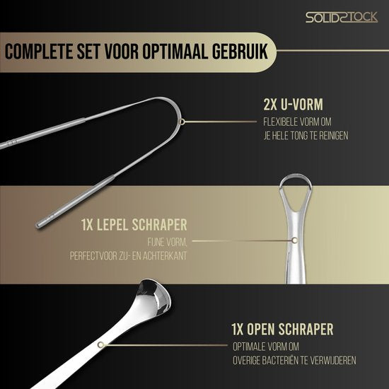 SolidStock Professioneller Zungenschaber - 5 in 1 Set - Zur Mundpflege - Zungenreiniger - Zungenbürste - Ayurveda - Edelstahl