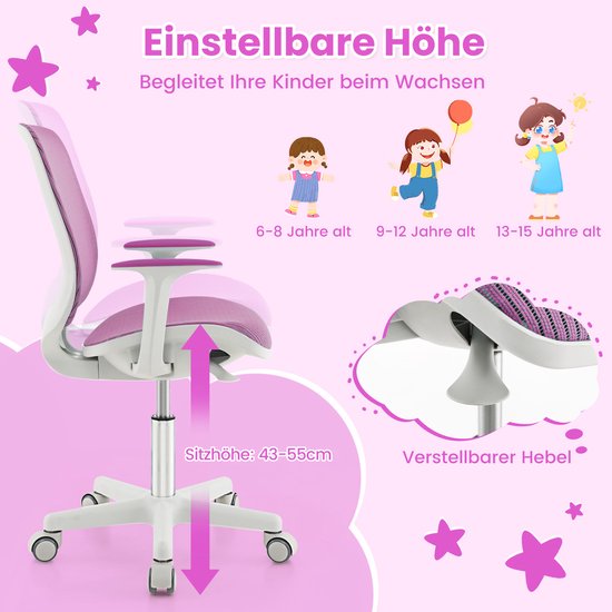 Coast Kinderschreibtischstuhl - Ergonomischer Drehstuhl mit Armlehnen und Sitzbremsrädern - Sitzhöhe 43-55 cm