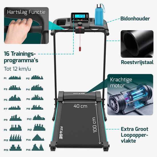 Fitage Laufband für Zuhause - Neigungsfunktion - Bluetooth - 1-12 km/h - klappbar - 100 x 64 x 25 cm - Schwarz