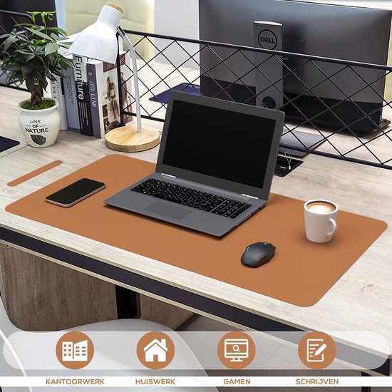 WURK Professional Schreibtischunterlage Kunstleder - Schreibtisch-Organizer - Schreibtischunterlage - Schreibtischzubehör - Mauspad XXL- Inklusive Kabelclip - 120x60 - Cognacbraun