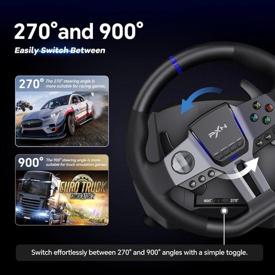 PXN Gaming-Lenkrad - V9 Gen 2 - 270/900° - Pedale - Schalthebel - Multiplattform - Schwarz