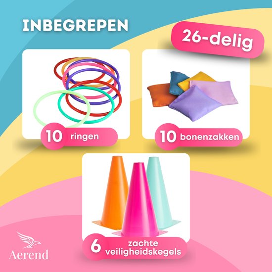 Aerend 3-in-1 Spielset für drinnen und draußen - Ringwerfen, Kegeln und Wurfsackwerfen - 26-teiliges Gartenspiel für Kinder**
