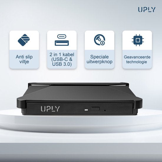 UPLY - Externer DVD-Player & Brenner - Windows und Mac - USB C & USB 3.0 - Externer DVD-Player für Laptop - Schwarz