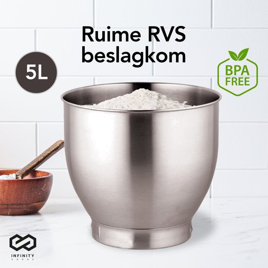 Infinity Goods Küchenmaschine - Küchenmixer - 5L Edelstahl-Rührschüssel - Küchenroboter - Küchenmaschine - Inkl. Zubehör - 1000W - Schwarz