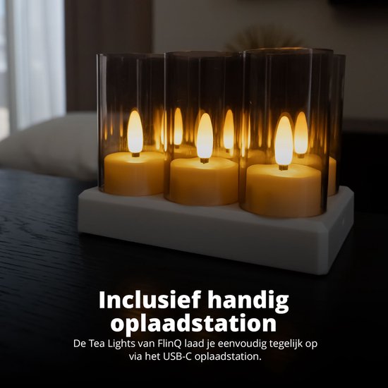 FlinQ Wiederaufladbare LED Teelichter - Bewegliche Flamme - Inkl. Fernbedienung - 6er Set - Ø4 x 5,5 cm - Weiß