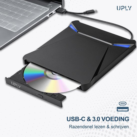 UPLY - Externer DVD-Player & Brenner - Windows und Mac - USB C & USB 3.0 - Externer DVD-Player für Laptop - Schwarz