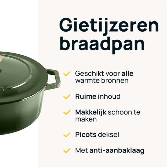 MOA Gusseisen-Kasserolle - 7,2L Eintopf - Für alle Wärmequellen inkl. Induktion - Mit Deckel - Ø 30cm - Antihaftbeschichtung - BPA und PFAS frei - Grün
