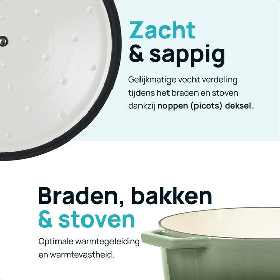 MOA Gusseisen-Kasserolle - 7,2L Eintopf - Für alle Wärmequellen inkl. Induktion - Mit Deckel - Ø 30cm - Antihaftbeschichtung - BPA und PFAS frei - Grün