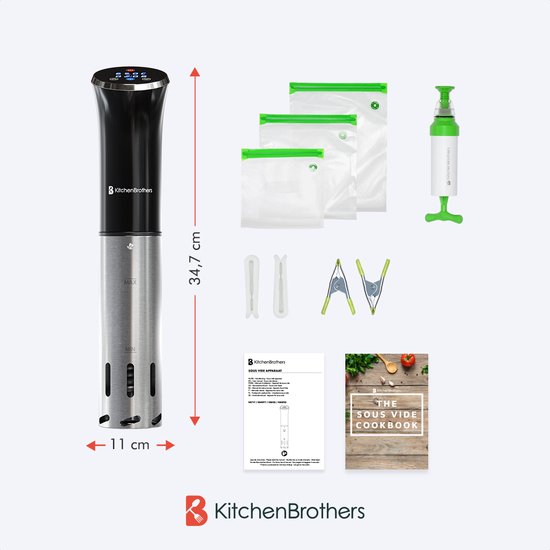 KitchenBrothers Sous Vide Stick Set - Inkl. Zubehör - 1200 W - 11 x 7,5 x 34,7 cm - Schwarz