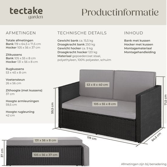 tectake - Geflecht-Lounge-Sofa Garten-Sessel-Liege - Sofa-Set - 2-Sitzer Sessel mit Hocker und Schlaffunktion, kleines Geflecht-Sofa als Outdoor-Gartenmöbel, für Lounge, Balkon und Garten, klappbar mit Kissen- schwarz / grau