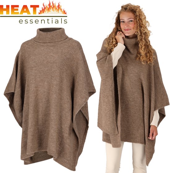 Heat Essentials - Poncho - One Size - Poncho Damen Wrap - Gestrickter Damen Poncho mit Farbe - Taupe Melange