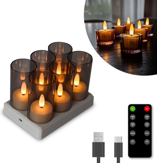 FlinQ Wiederaufladbare LED Teelichter - Bewegliche Flamme - Inkl. Fernbedienung - 6er Set - Ø4 x 5,5 cm - Weiß
