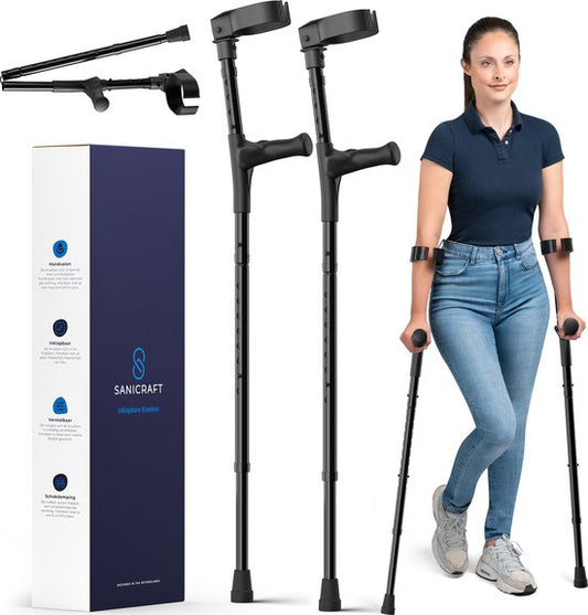 SaniCraft Ellenbogen Krücken Set von zwei Stücken - Ausgestattet mit ergonomischen Gel-Griff und stoßdämpfende Kappen und zusammenklappbaren Rahmen - für Rehabilitation und Mobilität - Schwarz Aluminium - Einhundertzwanzig Kilogramm