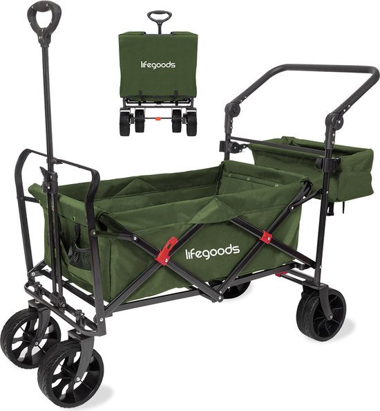 LifeGoods Wagon - Schwenkbare Räder - Bremssystem - bis zu 120Kg - 120 x 61 x 80cm - Grün
