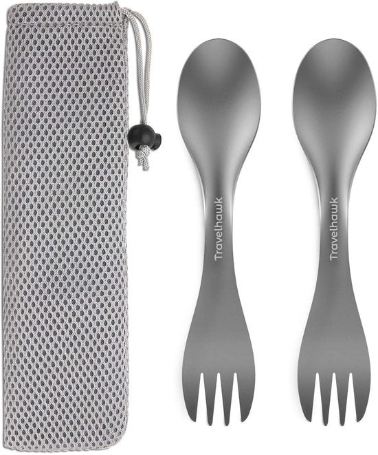 Travelhawk Titanium Spork Set - 2 Stück - Leichtes Campingbesteck mit Gabel und Löffel in einem - Inklusive Tragetasche**