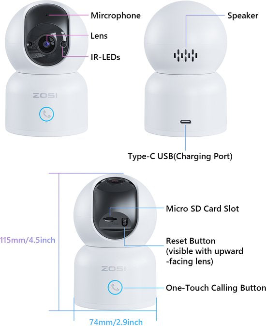 Fuegobird ZOSI C518 Indoor IP Kamera - 3MP - Gegensprechfunktion - Sicherheitskamera - Haustierkamera - Babykamera - Kompatibel mit 2.4G/5G WIFI - Funktioniert mit App - Weiß