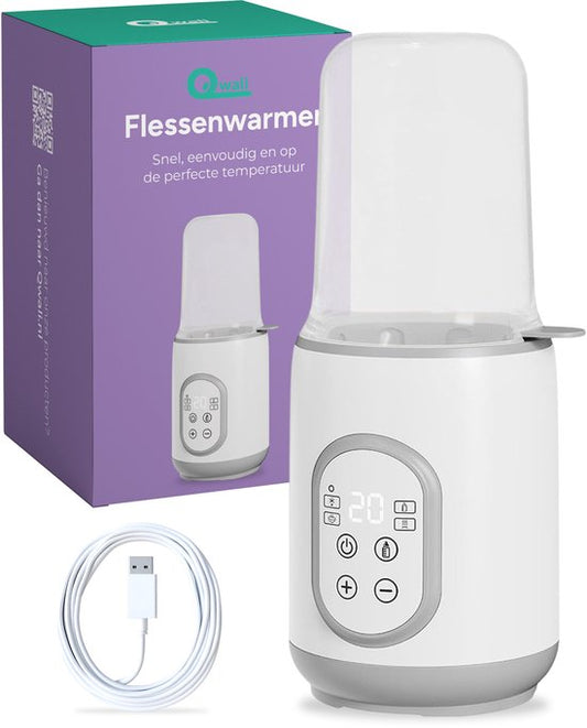 Qwali - Flaschenwärmer & Sterilisator - 37°C - Weißer Kunststoff - Schnelles Aufwärmen & Warmhalten - Tragbar für unterwegs - Inklusive Messbecher