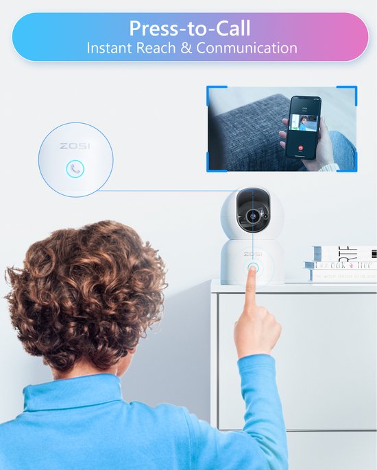 Fuegobird ZOSI C518 Indoor IP Kamera - 3MP - Gegensprechfunktion - Sicherheitskamera - Haustierkamera - Babykamera - Kompatibel mit 2.4G/5G WIFI - Funktioniert mit App - Weiß