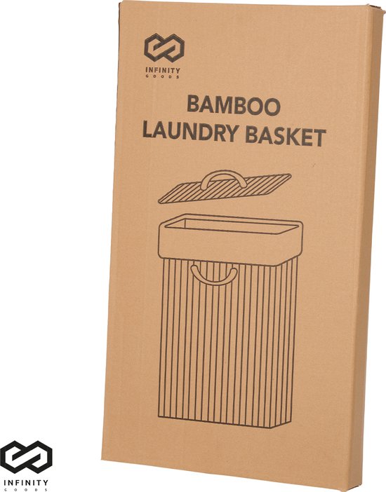 Infinity Goods Wäschekorb mit Deckel Schwarz - Bambus - Wäschesortierer - Waschbarer Wäschebeutel aus Baumwolle - Griffe - 72 Liter - Schwarz